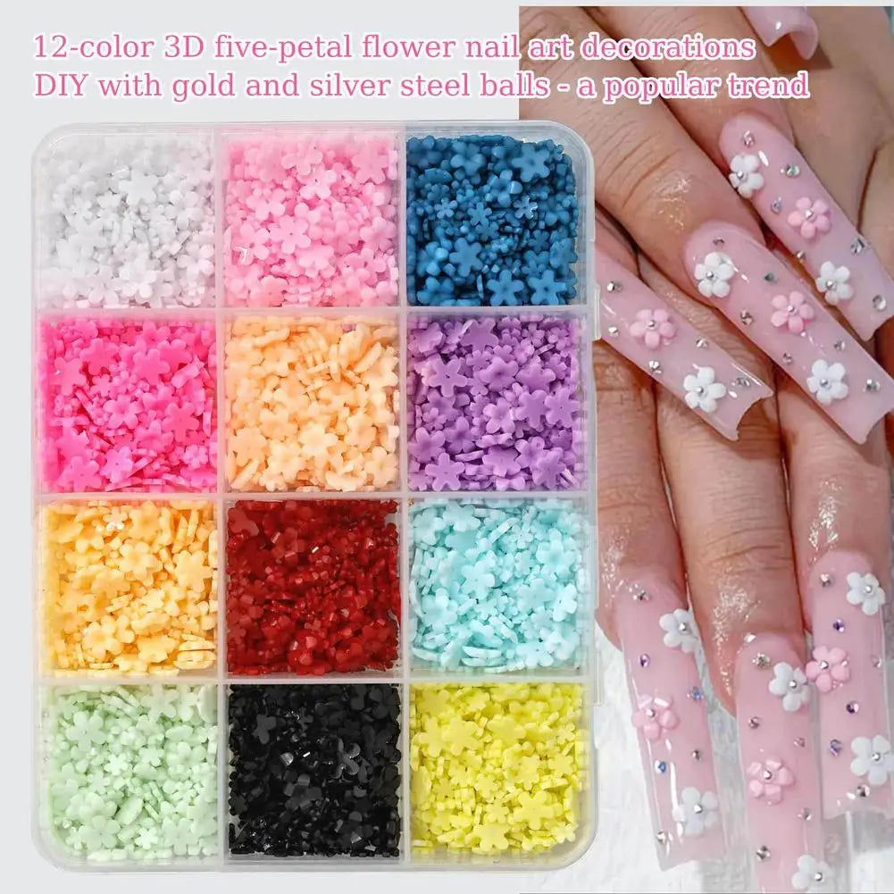 3D Acrylic Flower Nail Charms Art Cute Colorful Floral Caviar Beads Qme