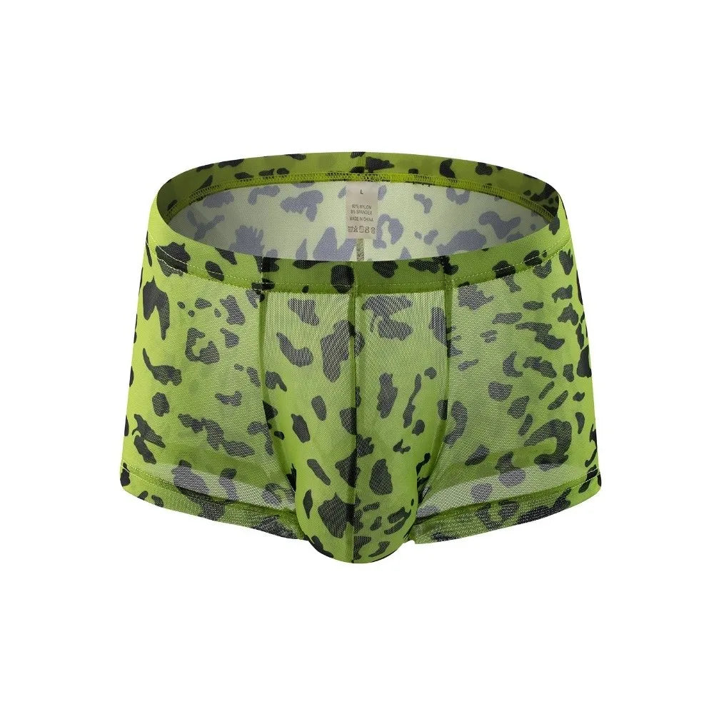 Breathable Leopard Print Men's Boxer Briefs Thin Flat Pants Mesh Qme Green L
