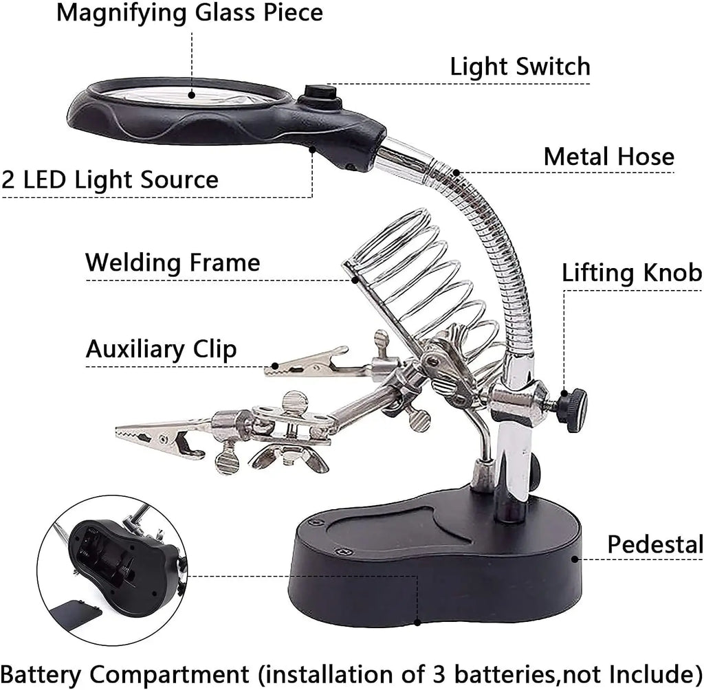 Desktop Magnifying Glass Soldering Station, Adjustable Helping Hands 3.5X 12X Magnifier with LED Light and Alligator Clips Qme