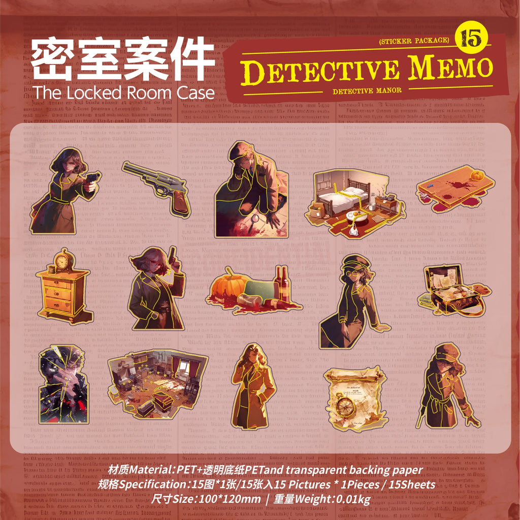 15 Sheets Detective Theme Large PET Sticker Pack for Scrapbook DIY Photo Frame Collage Journal Decoration Qme 4