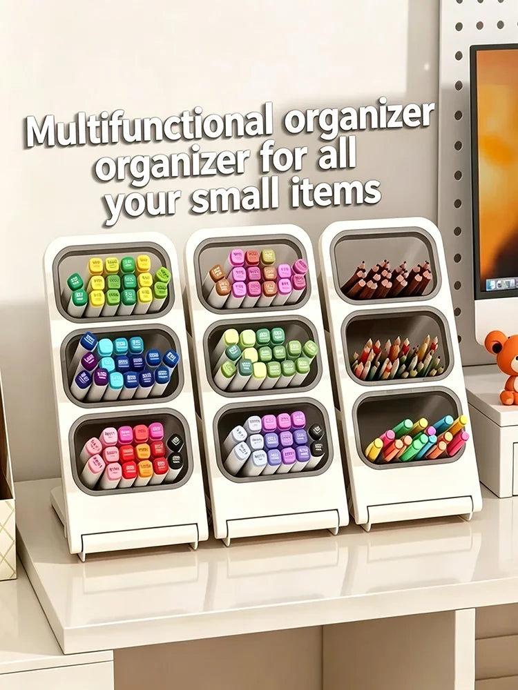 Multi-Layer Slant Desktop Stationery Organizer, Detachable 3 Grid Pen Holder, Pencil Storage Caddy for Office School Supplies Qme