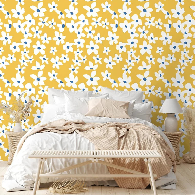 Yellow White Blue Floral Peel Stick Wallpaper Removable Self Adhesive Qme