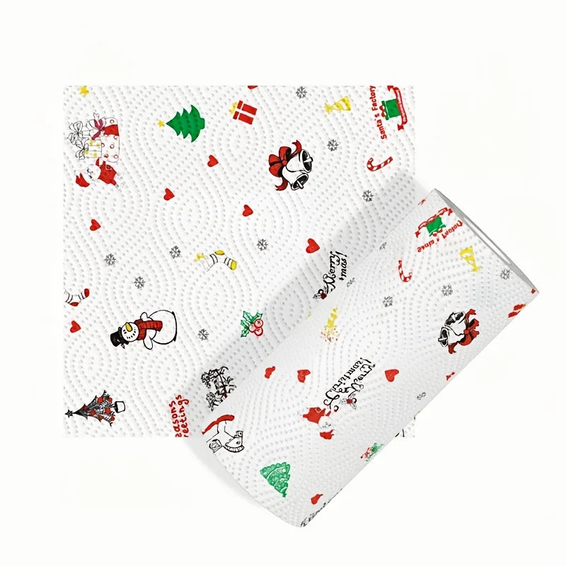 1 roll of Christmas kitchen paper Thickened three-layer roll paper, disposable kitchen cleaning wet and dry household - lazy rag Qme Four color christmas