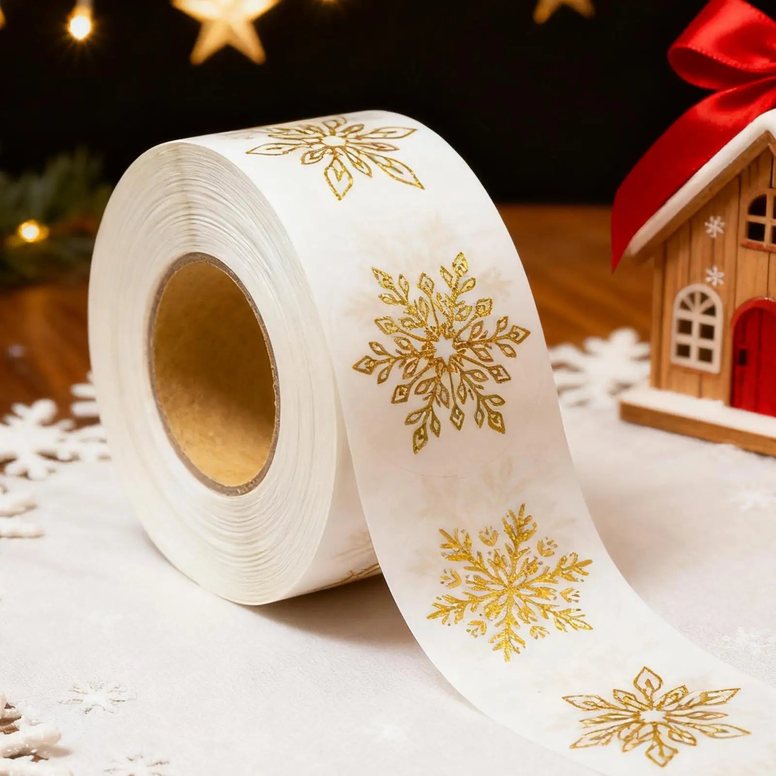 Snowflake Stickers Roll 500 Pieces Round Self-Adhesive Transparent Christmas Labels Holiday Crafts Label Roll Envelope Decal Qme