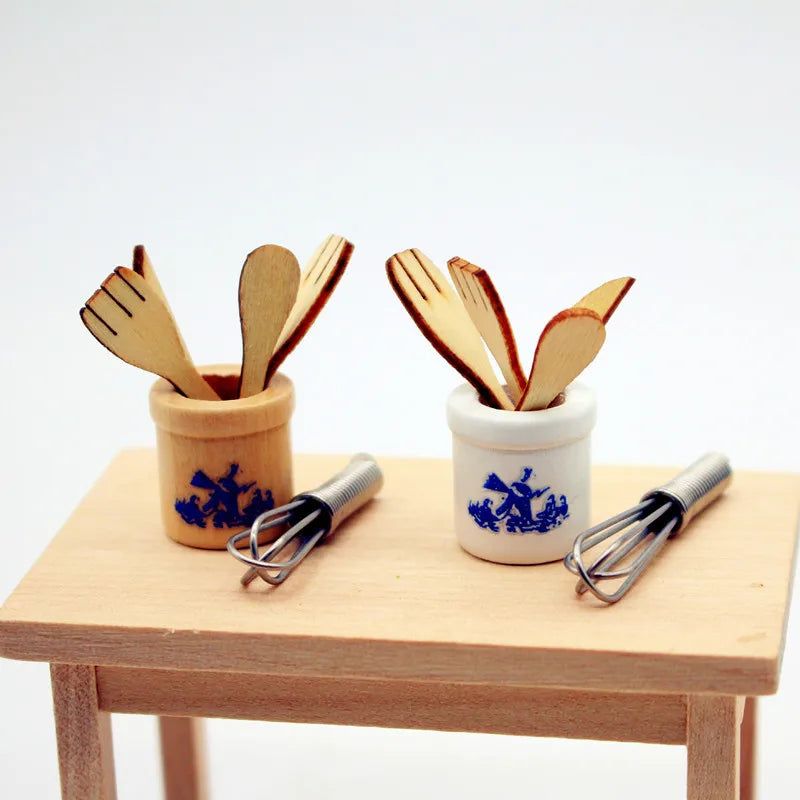 Miniature Dollhouse Kitchen Tools Wooden Spatula Knife Fork Egg Qme