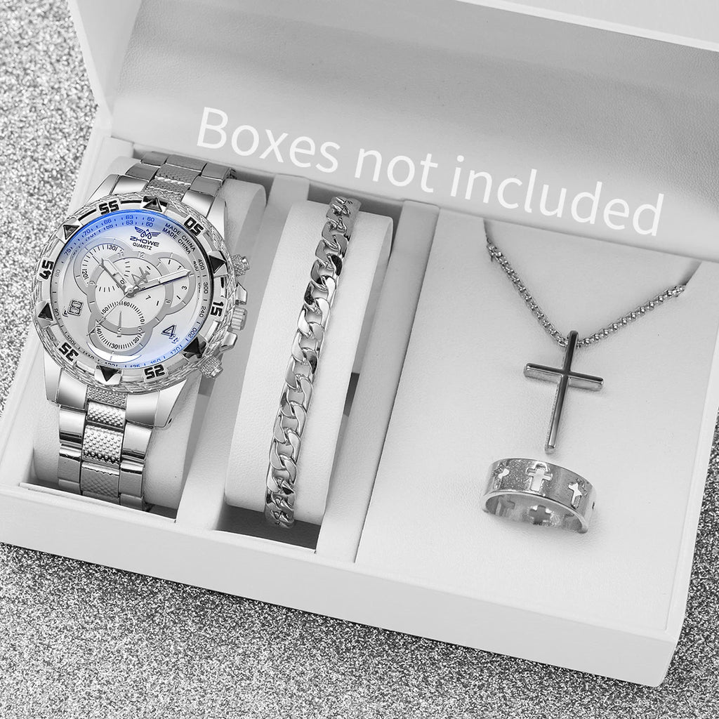 4PCS Men Business Watches Fashion Big Dial Steel Band Male's Analog Quartz Watch Clock Relogio Masculino（Without Box） Qme