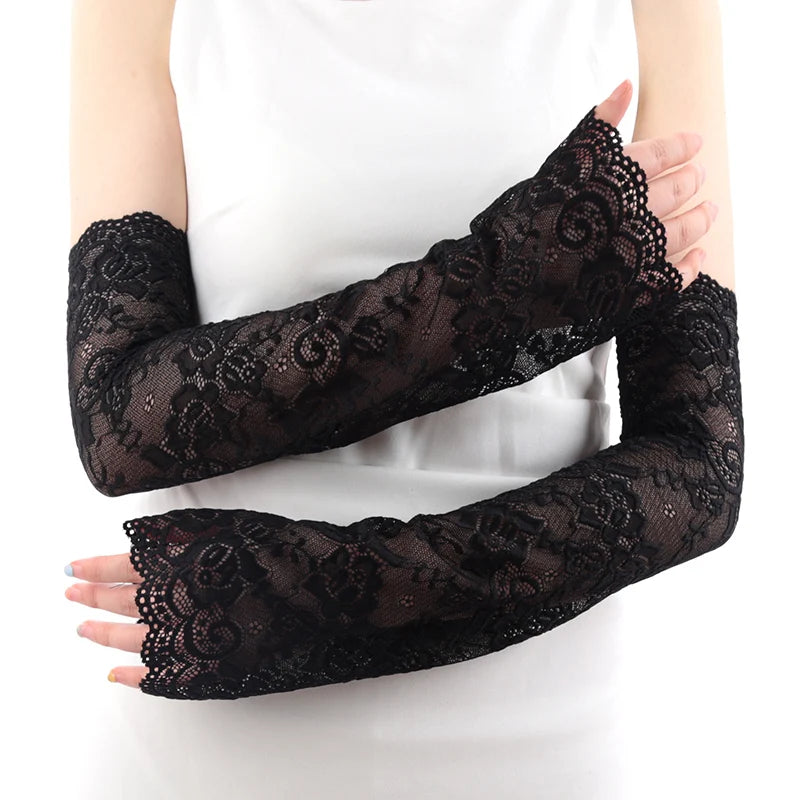 Women Long Lace Gloves Fishnet Mesh Fingerless Mittens Lady Cycling Qme