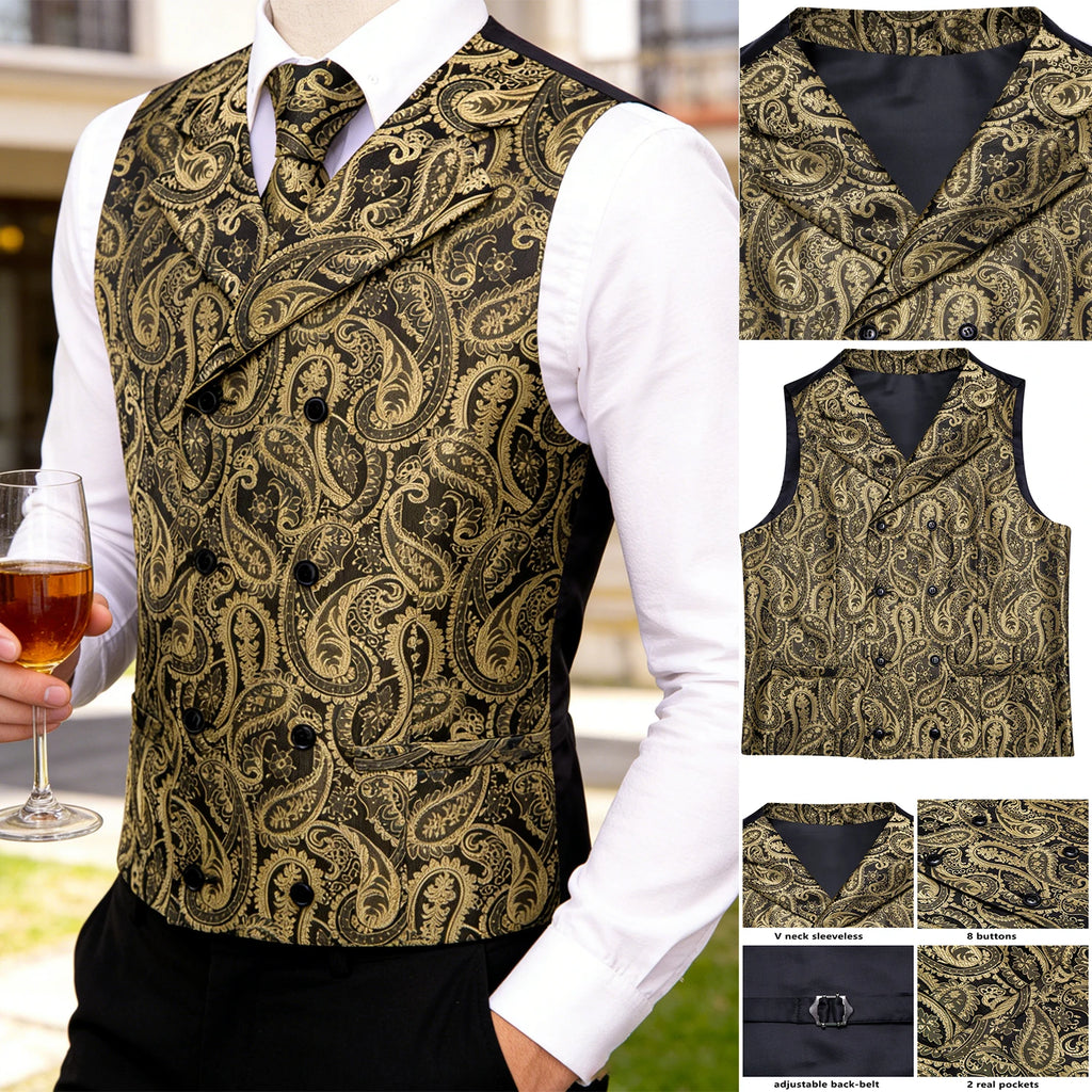 Men's Golden Paisley Vest Tie Hanky Cufflinks Luxury Tops Weddings Qme