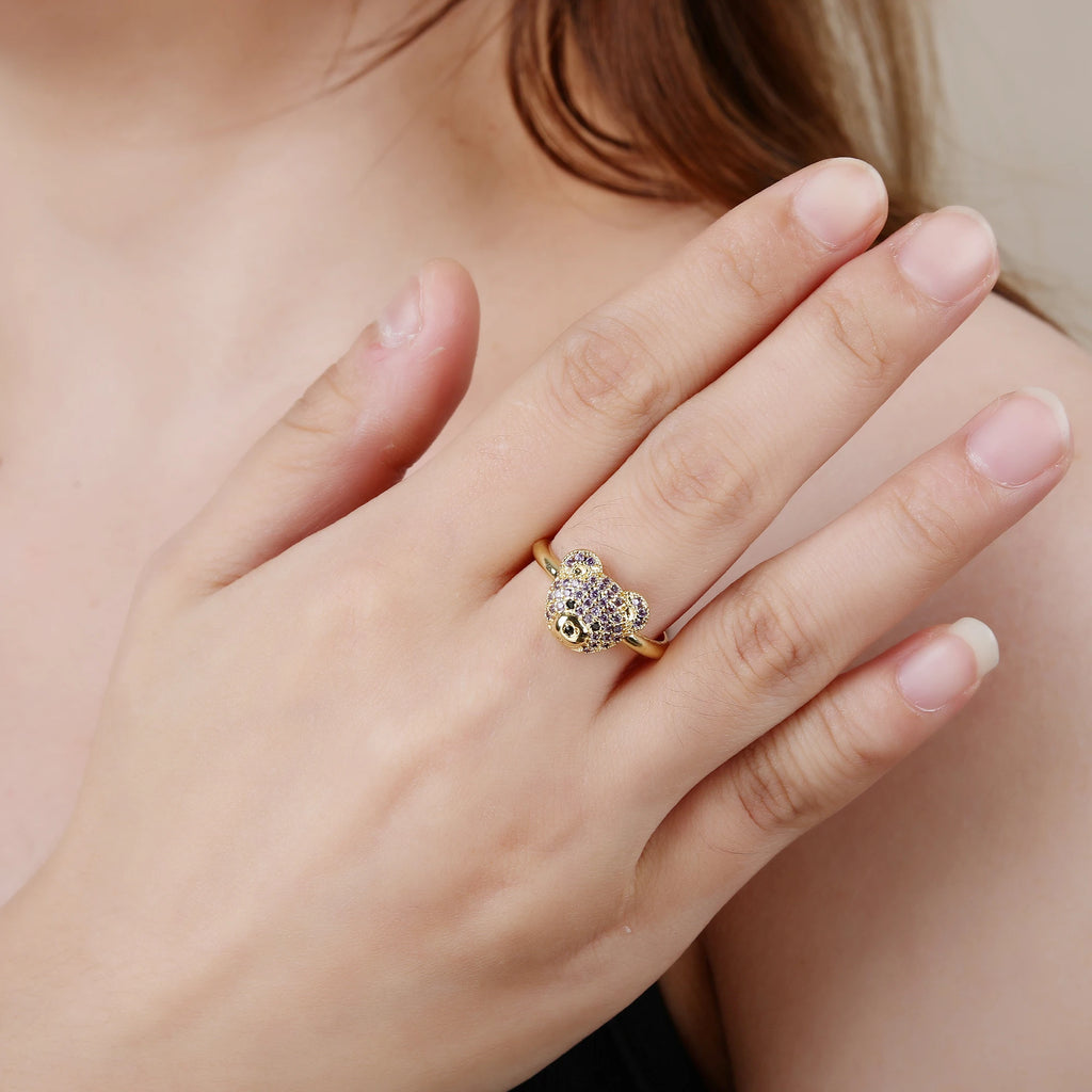 Shiny Cubic Zircon Bear Ring Cute Animal Gold Plated opening Adjustable Ring Luxury for Man Woman Party Jewelry Friendship Gift Qme