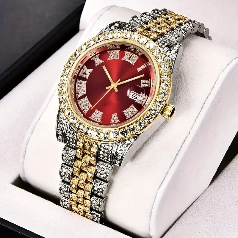 Mens Hip Hop Watch VintagInspired Retro Quartz Timepiece with Oversized Rhinestone Dial and Durable Stainless Steel Band for Men Qme