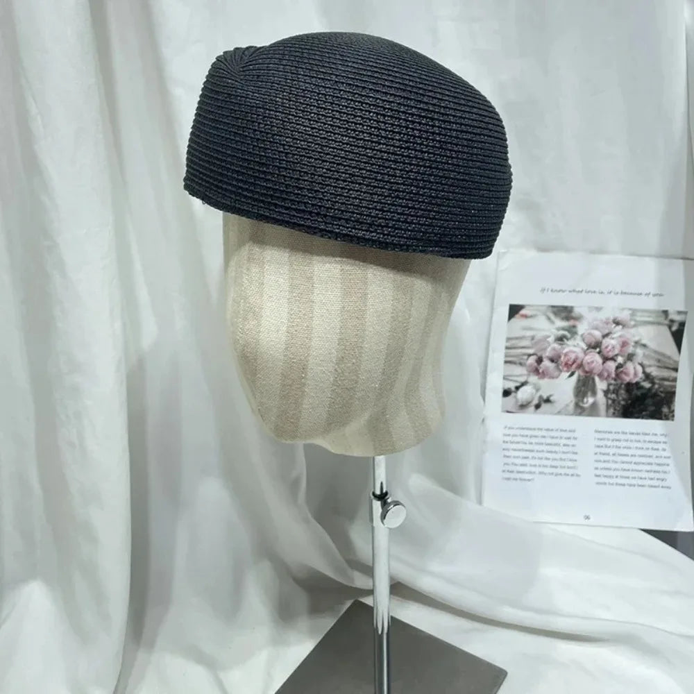 Vintage Elegant Straw Pillbox Hat Fedoras Classic Straw Beret Hat Simple Handmade Fedora Hat Summer Wear Qme Black One Size