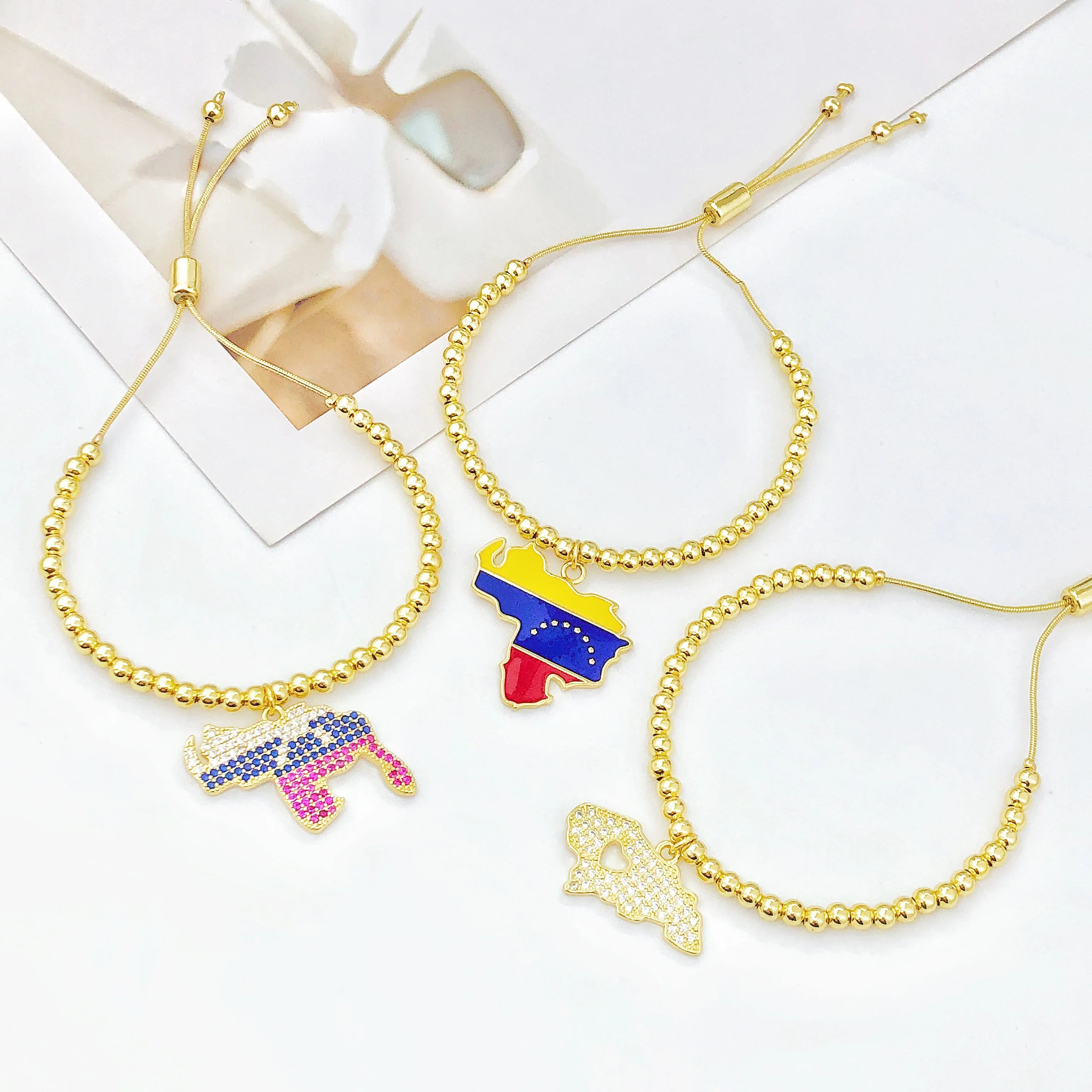 Adjustable Gold Plated Beaded Zircon Bracelet Enamel Colombia Venezuela Flag Map Men Women Charm Bracelet for Party Jewelry Gift Qme