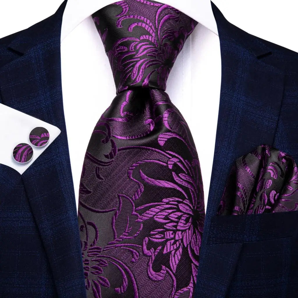 Hi-Tie Paisley Purple Green Floral Silk Elegant Tie For Men Groom Wedding Men Necktie Pocket Square Cufflink Accessory Wholesale Qme SN-3892
