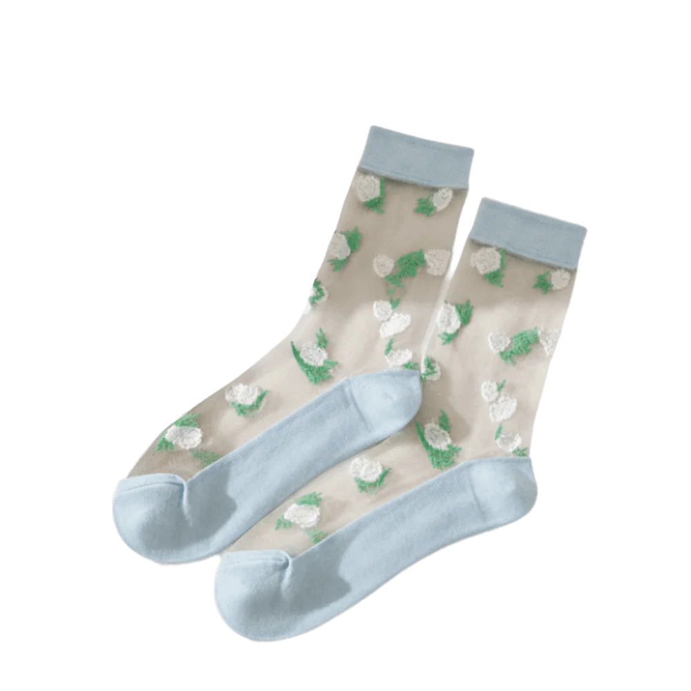 Cute Ultra-Thin Floral Embroidery Socks Crystal Silk Tulle Fabric Mesh Lace Socks Transparent Nylon Long Socks Summer Qme Blue One Size