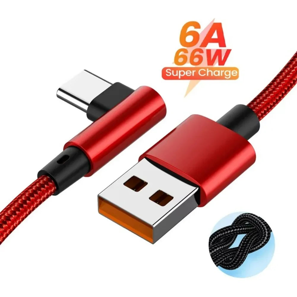 90 Degree Elbow Charger Cable 66W 6A Type C USB Fast Charging Cable for Gaming for Huawei Xiaomi 14 Redmi Honor OPPO Realme POCO Qme