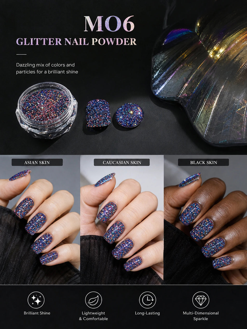 1 3 Glitter Nail Powder Can Chameleon Aurora Shine Diamond Chrome Qme