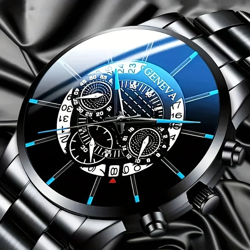 1pc Men's Round Dial Quartz Watch With Stainless Steel Strap & 1pc Bracelet Men's Accessories Qme