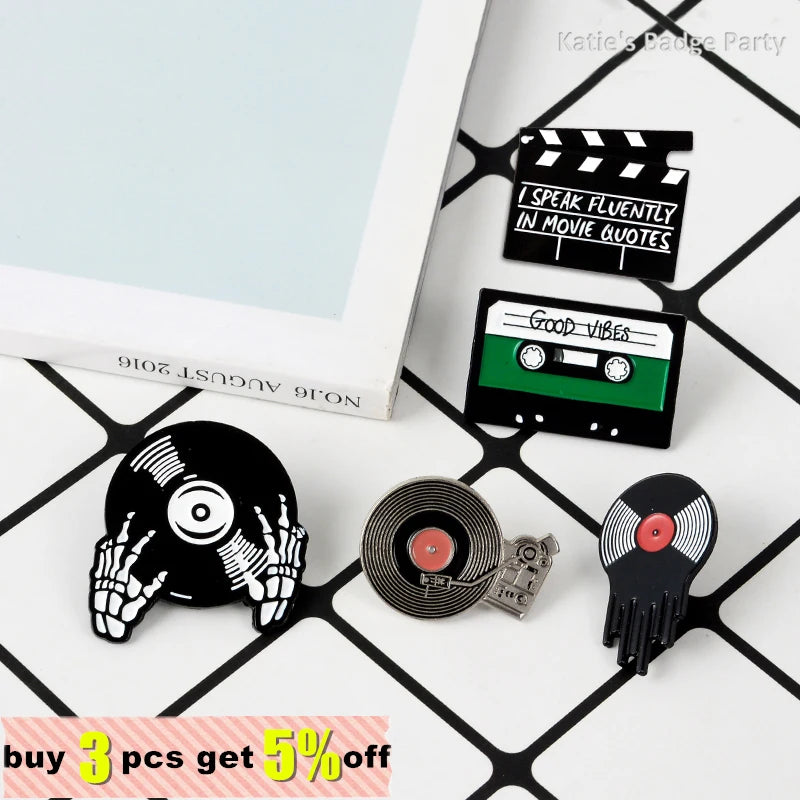 Punk Music Lovers Enamel Pin Good Vibes Tape DJ Vinyl Record Player Badge Brooch Lapel Pins Jeans Shirt Jewelry Gifts Wholesale Qme