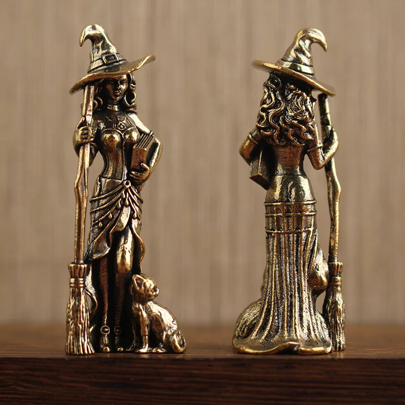 Vintage Witch Broom Brass Guardian Angel Statue Retro Home Decor Crafts For Living Room TV Cabinet Wine Bar Desktop Ornament Qme