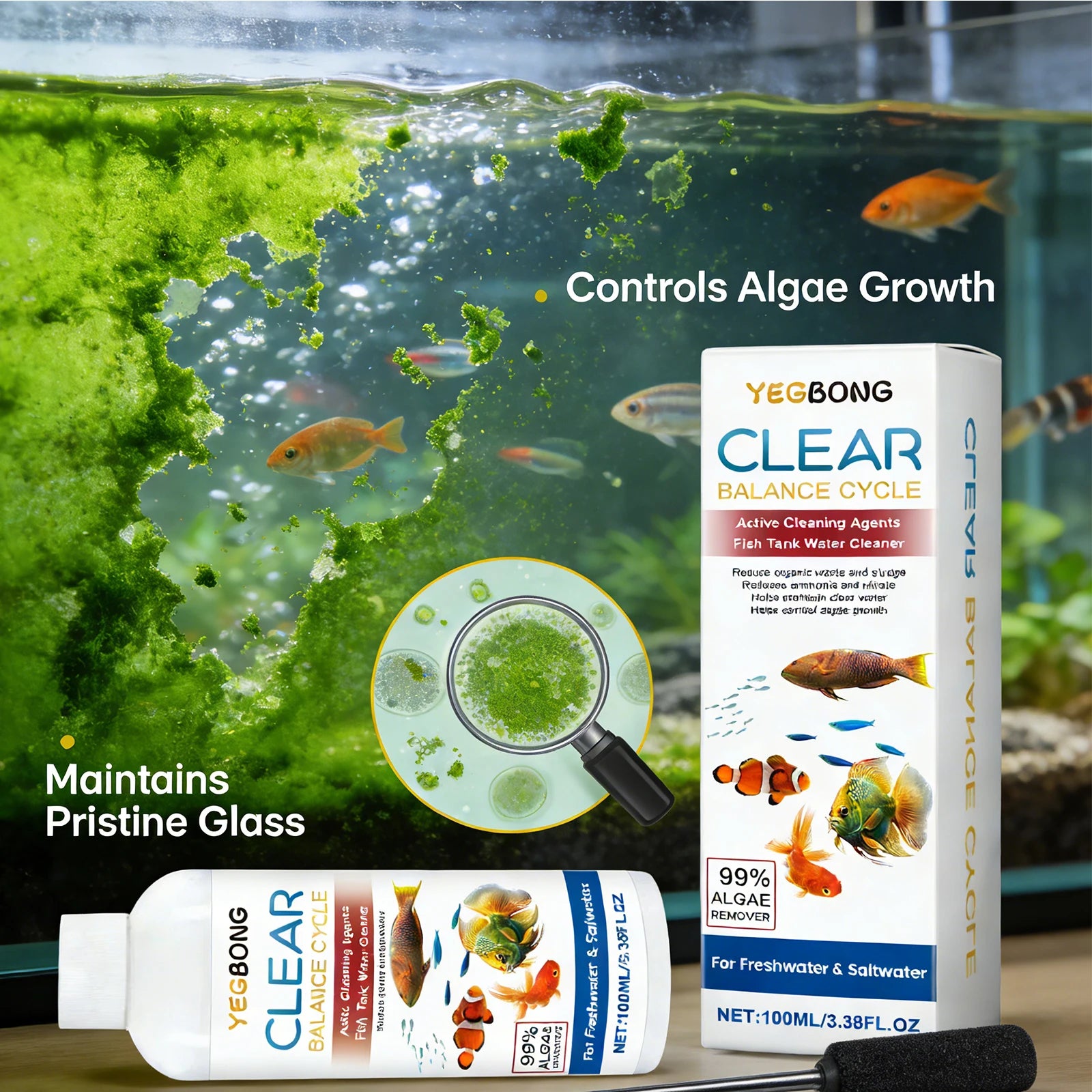 Fish Tank Water Clarifying Agent Quick Clean Stains and Sludge Control Algae Growth Water Purification Fish Tank Water Cleaner Qme