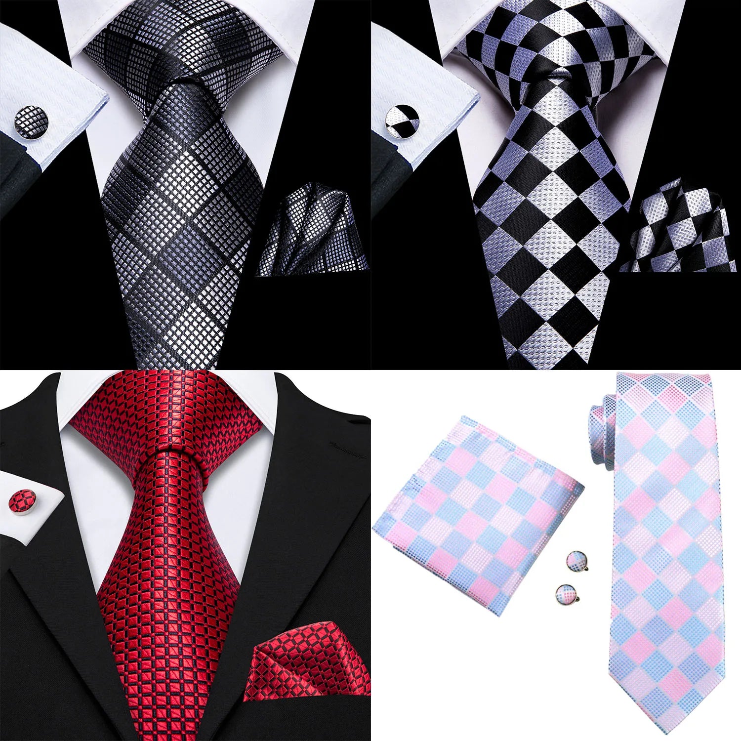 Hi-tie Grey Pink Red Plaids Geometric Tie Men Hanky Cufflink Fashion Qme