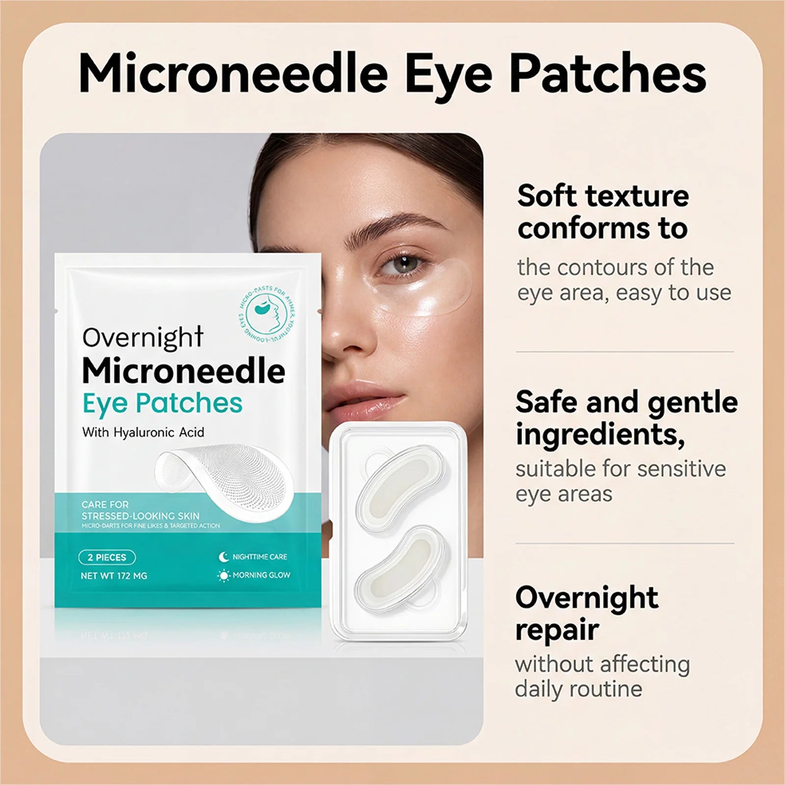 Microneedle Eye Patches Hyaluronic Acid 0.25mm Overnight Under Eye Mask for Dark Circles Fine Lines Hydrating Anti-Aging Eye Car Qme