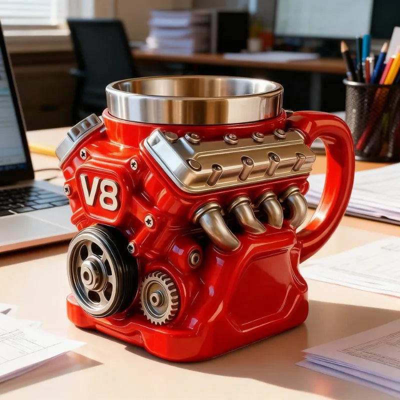 V8 Engine Mechanical Mug Stainless Steel Resin Coffee Beer Cup Unique Qme