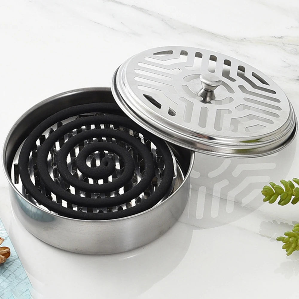 Stainless Steel Mosquito Coils Holder round Tray with Cover Easy to Clean Anti-Mosquito Supplies for Outdoor Picnic Travel Qme