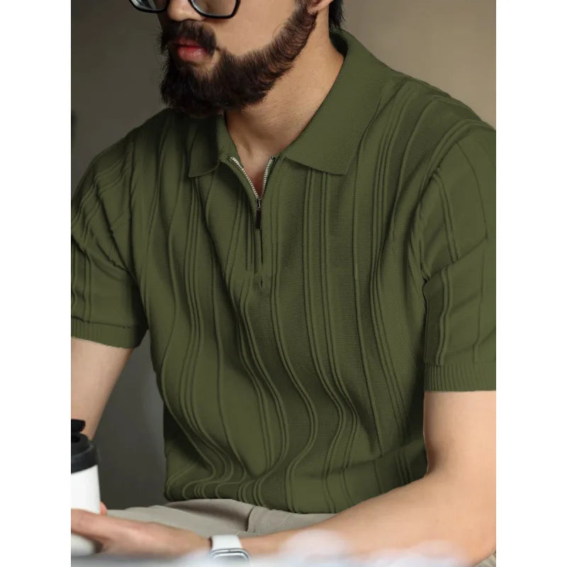 High-quality Zipper Knit Thin Ice Silk Short-sleeve Polo Shirt Qme green XXXL