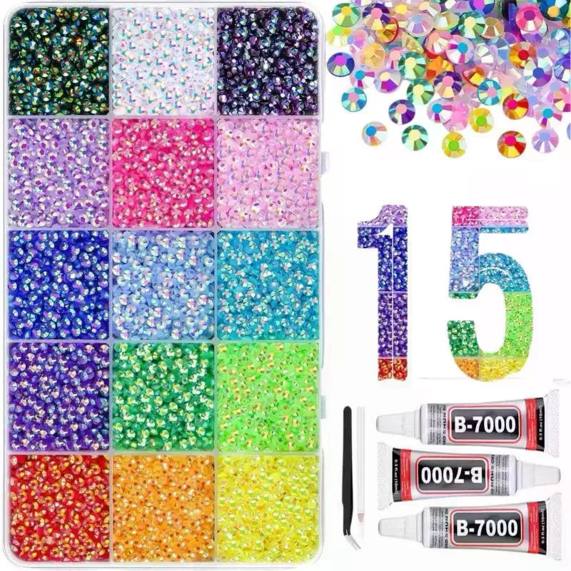 15 Colors Resin Rhinestone Bedazzling Kit Jelly Rhinestone Kit For Bedazzling Flatback Gems For Clothes Nail Book DIY Qme