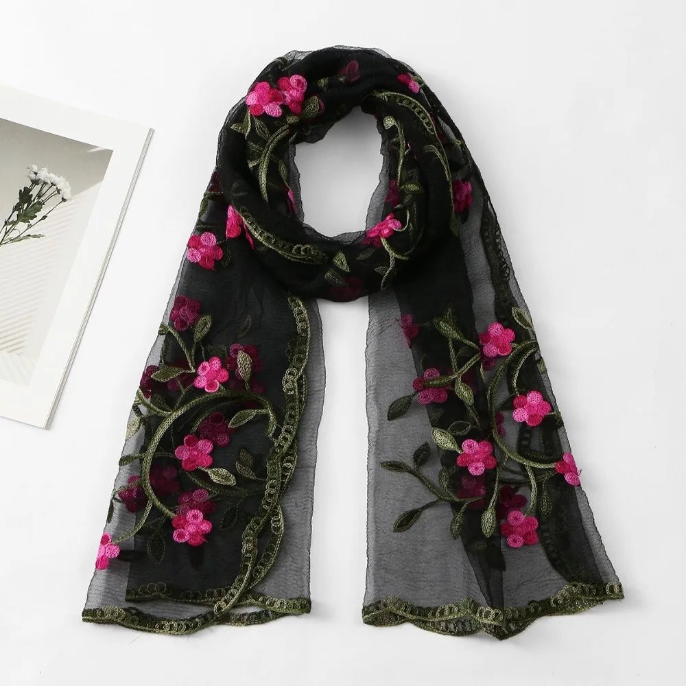 Ethnic Style Embroidered Floral Headwrap Breathable Lightweight Boho Sheer Shawl Skin-Friendly Soft Summer Hijab Qme Black