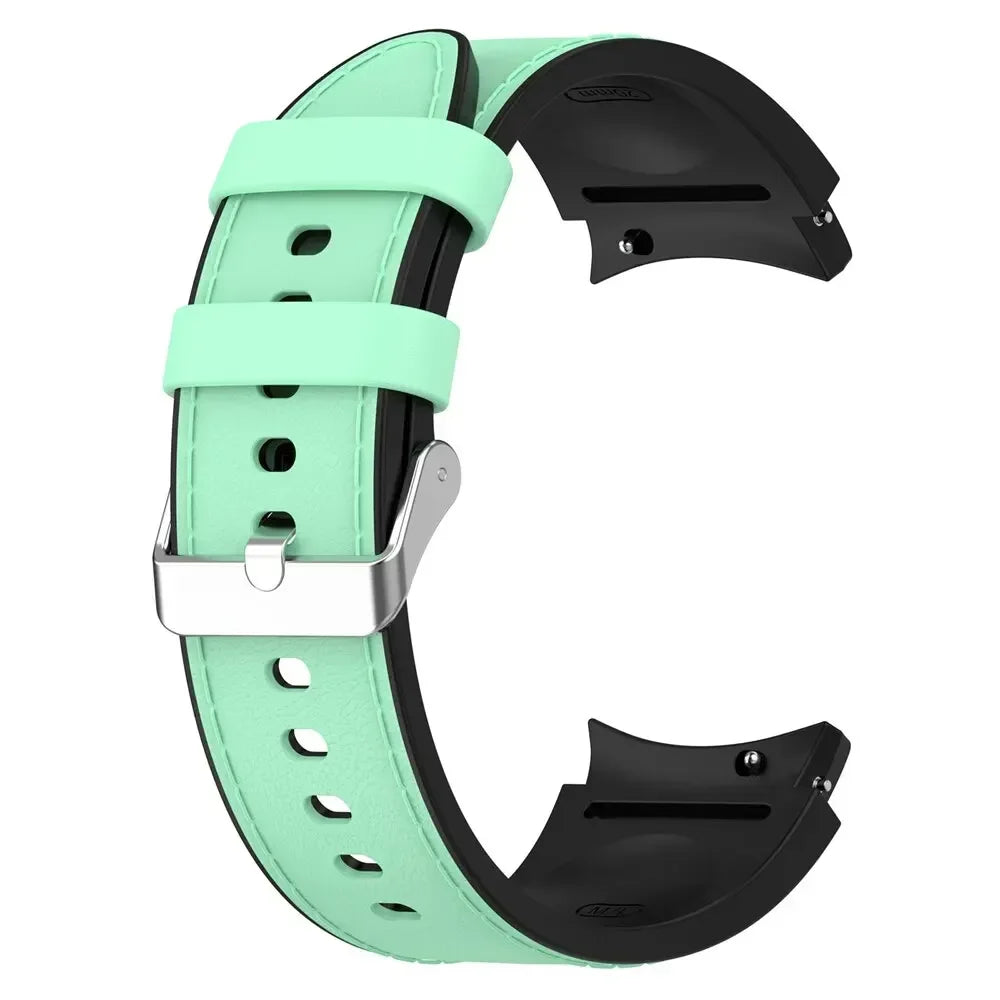 Silicone+Leather Strap For Samsung Galaxy Watch 7 6 4/5 Pro 40mm 44mm Band 6 4 Classic 47 43mm 46mm Replacement Correa Bracelet Qme Green Silver Galaxy Watch 7 40mm