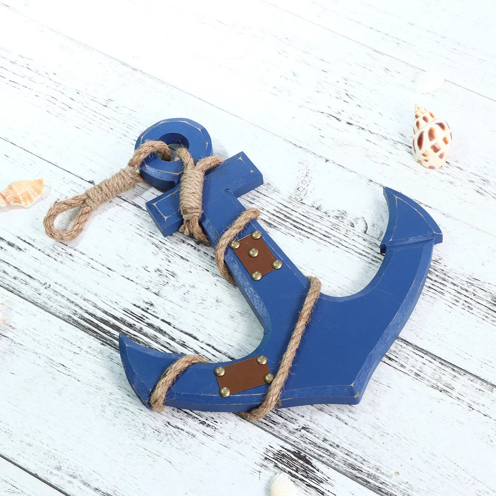 Nautical Anchor Wall Hanging Decor Blue Distressed Finish Wooden Rope Accent Mediterranean Style Ship Anchors Shaped Decor Qme