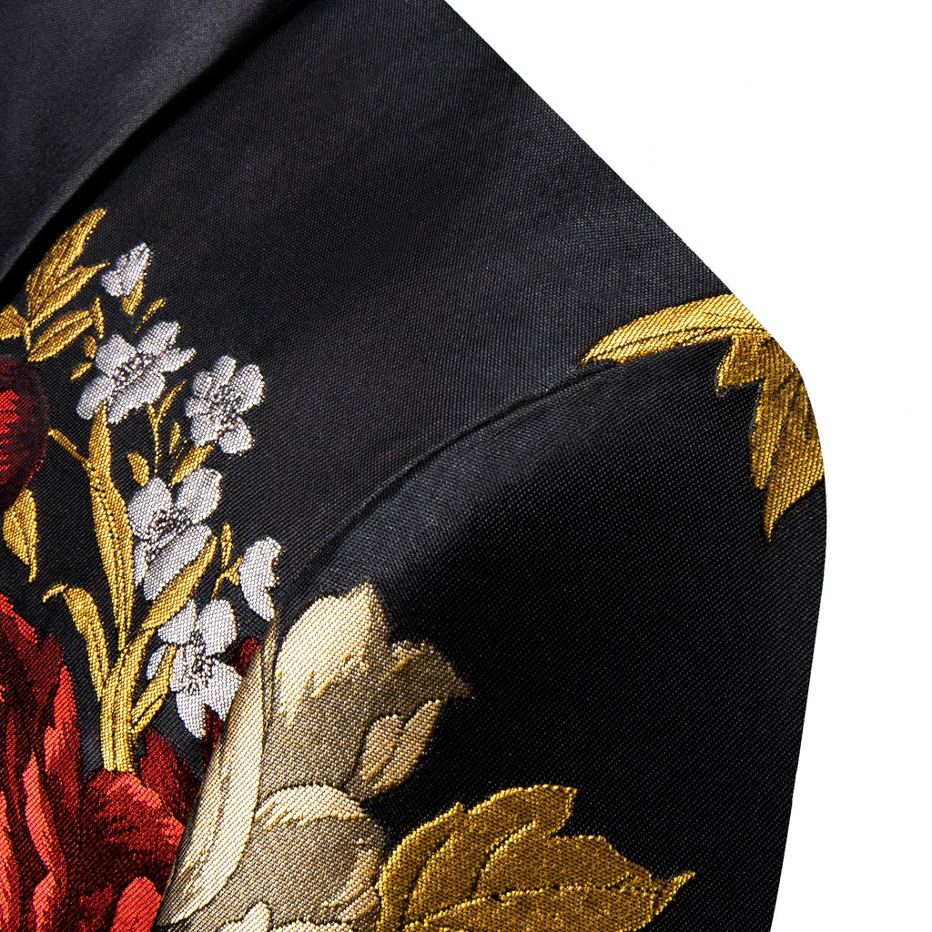 Men's Black Gold Red Floral Jacquard Shawl Lapel Blazer Single Breasted Tuxedo Jacket Suit Coat for Wedding Prom Party Outerwear Qme