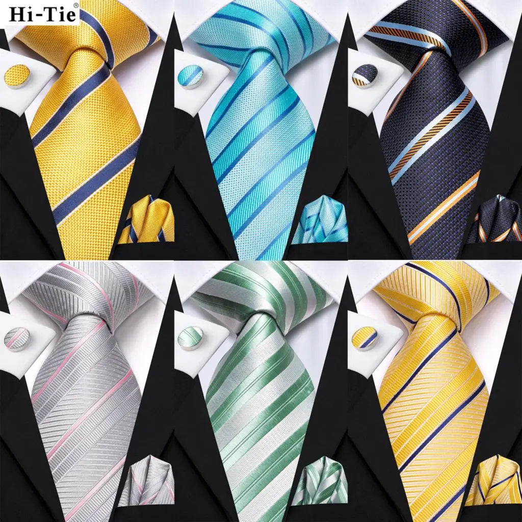 Hi-tie Men Fashion Striped Blue Necktie Handkerchief Cufflinks Tuxedo Qme