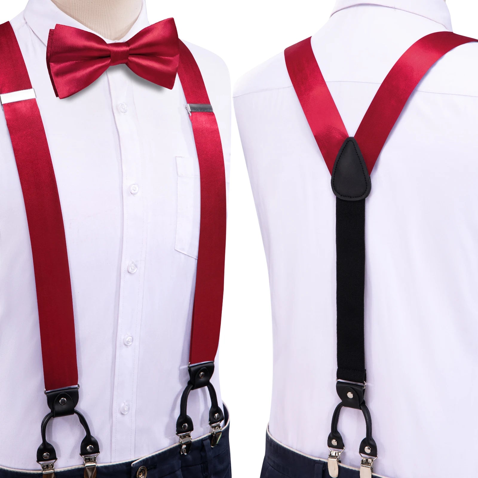 Hi-tie Silk Mens Braces Bowtie Hanky Cufflinks Y Back Clip Adjustable