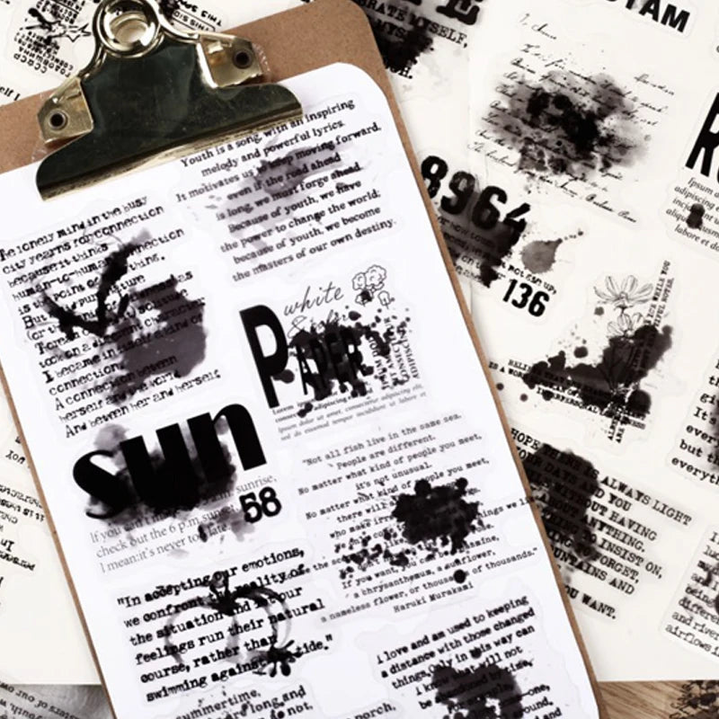 Ink Smudge Text Sticker Pack, Dark Retro Style, Vintage Stained Aesthetic, Perfect for Junk Journal & Notebook Decoration Qme