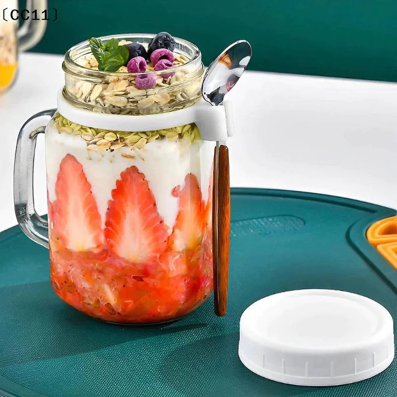 Overnight Oats Containers Handle Lid Spoon Glass Oatmeal Jars Cereal Qme