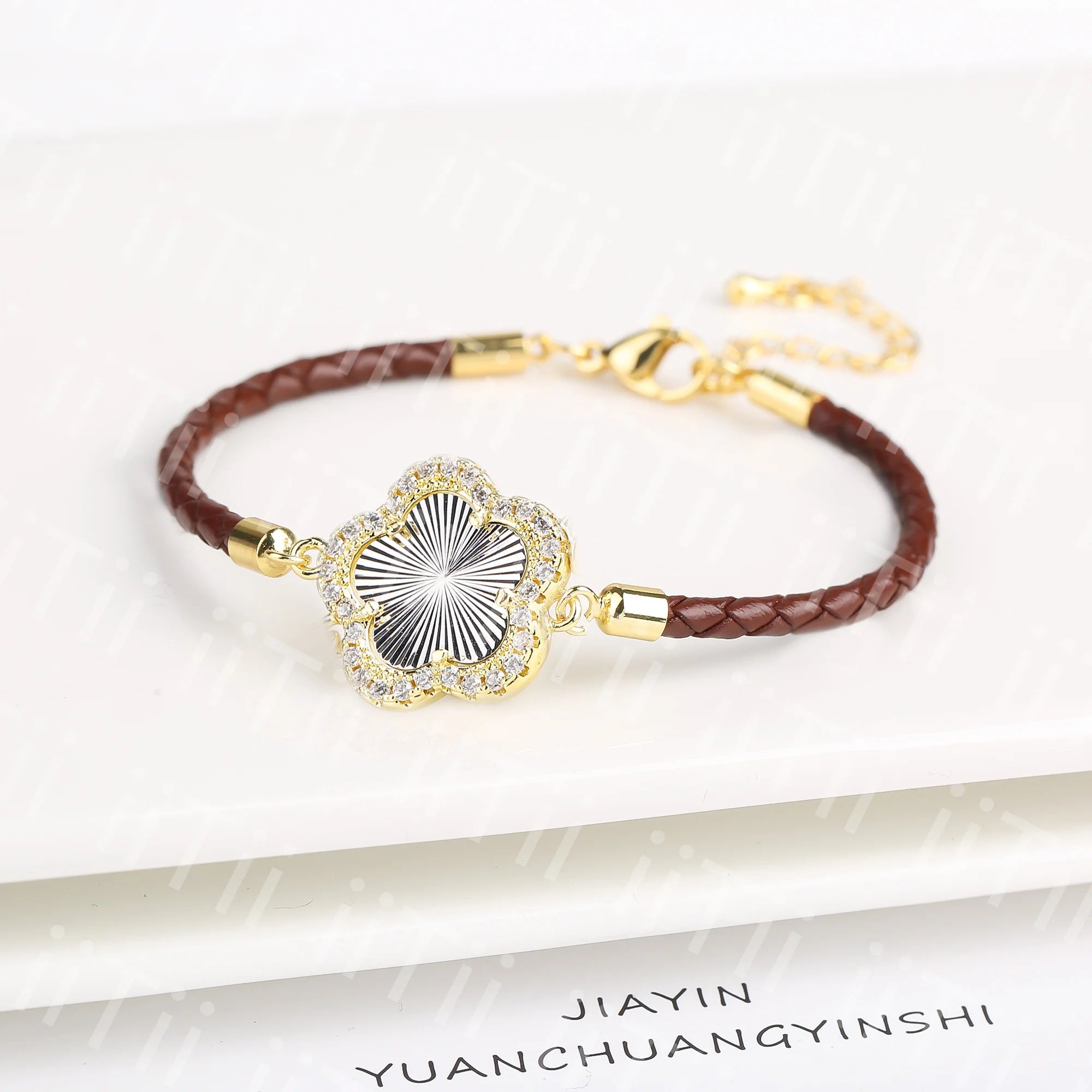 2024 Classic Shiny Zirconia Stone Five Leaf Flower Leather Braided