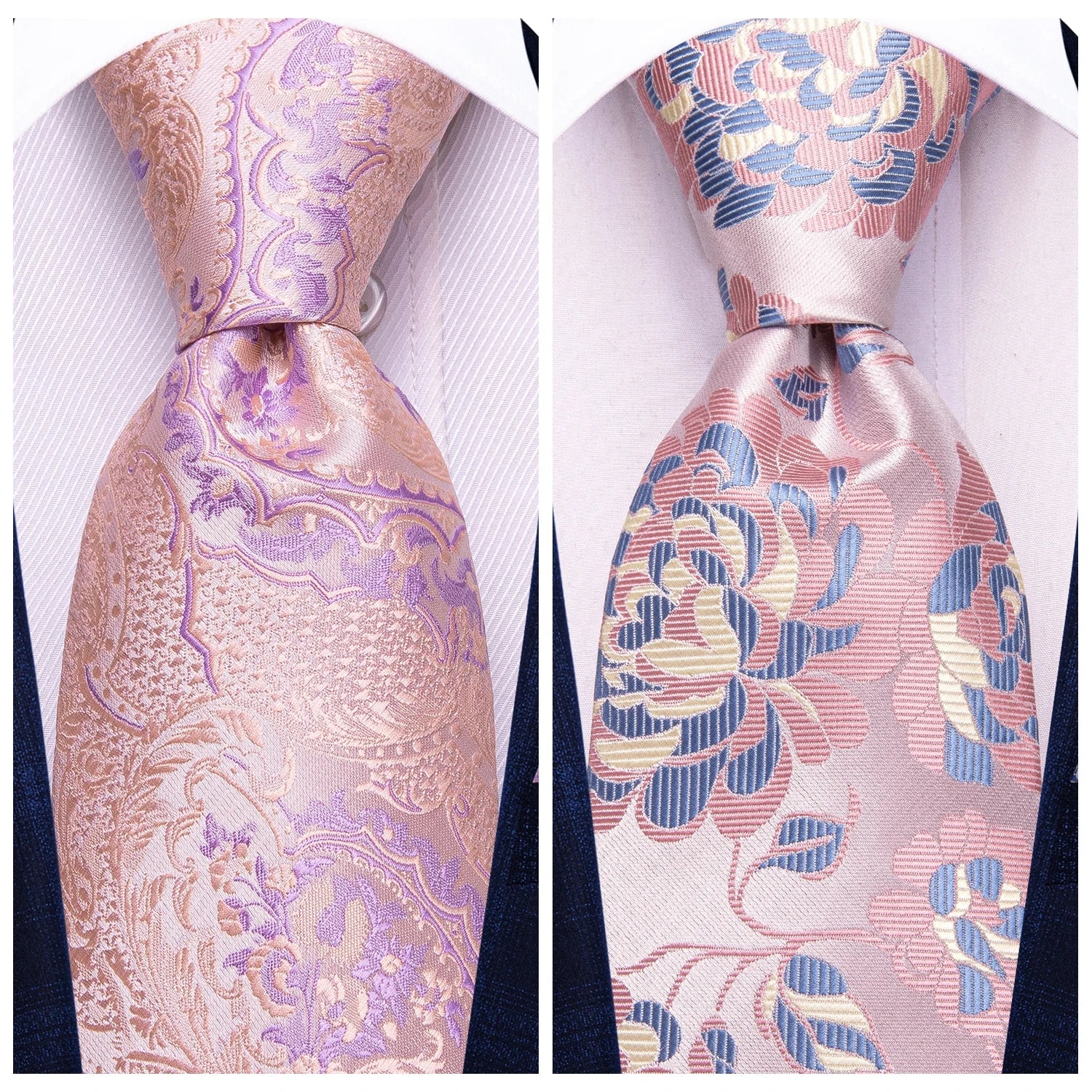 Hi-tie Floral Pink Purple Blue Men Elegant Necktie Handkerchief Qme