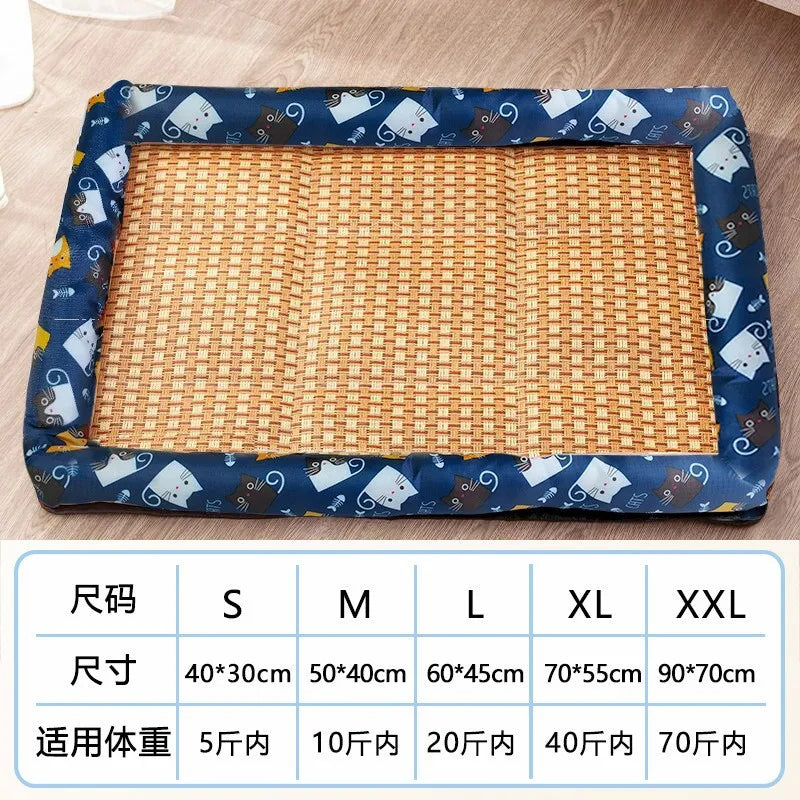 A Pet Summer Mat Cute Dog Cooling Sofa Breathable Small Dog Bed Cushion Moistureproof Rattan Wear Cat Mat Accessories Qme navy blue cat 60-45cm