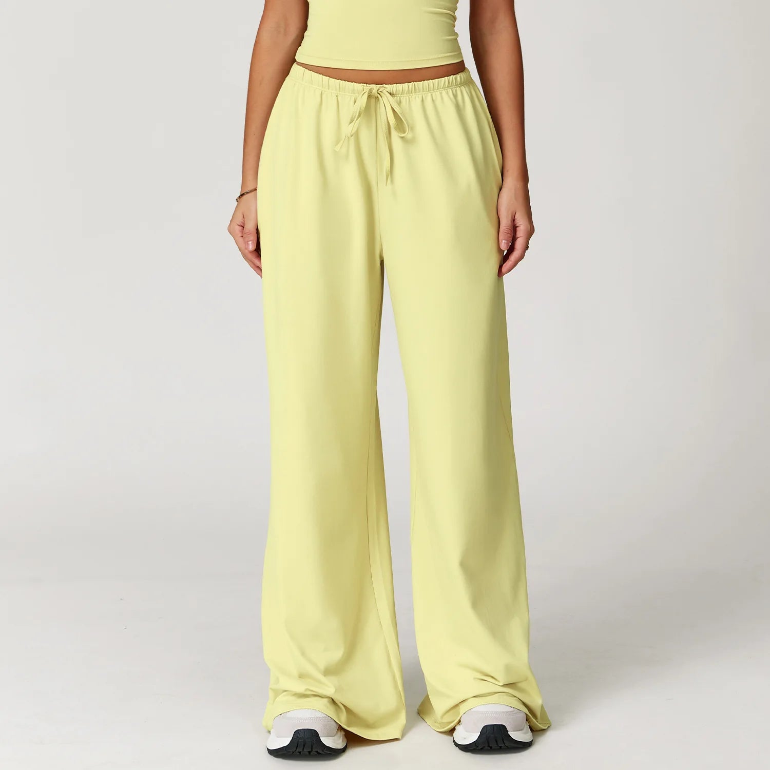 A Women Drawstring High Waist Sports Pants Quick Dry Full Length Wide Leg Yoga Trousers With Pockets For Workout Outdoor Use Qme Light yellow L