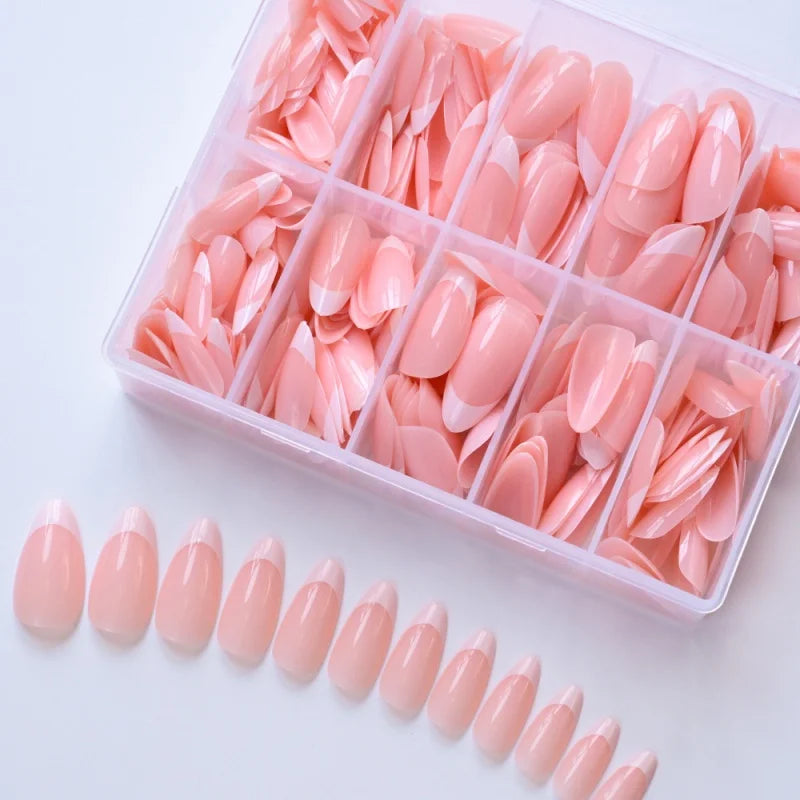 Pink French Almond Fake Nails Full Cover False Nail Tip for women French press on nails Wedding/daily reusable Qme