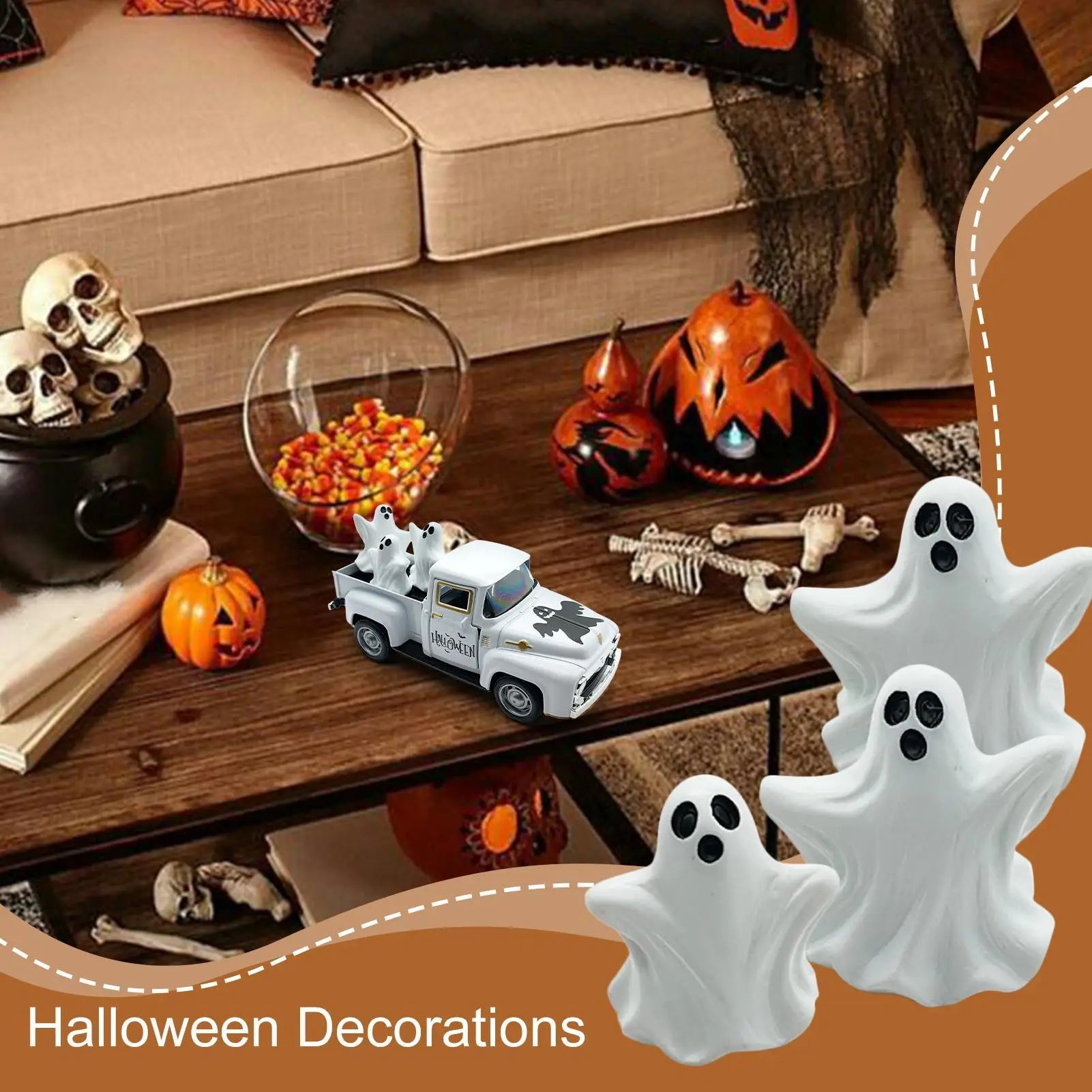 Halloween Truck Decor Indoor Mantle Ornament Funny Truck Ghost Desktop Figurine For Halloween Showcase Entryway Classroom Qme
