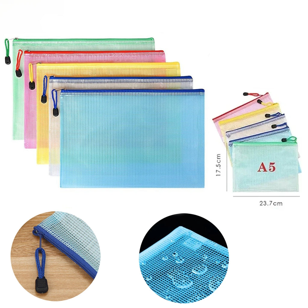 5PCS Stationery Storage Folder File Mesh Zipper Pouch A4/A5/A6 Document Bag Zip File Folders School Office Supplies Qme