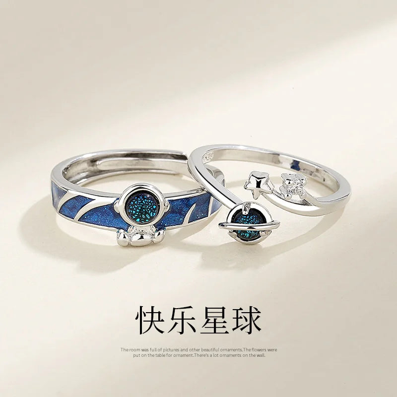 Luxury Exquisite Happy Planet Astronaut Spaceman Couple Rings Star Glass Stone Personality Open Pair Couple Birthday Gift Qme Couplec-1 pair China Mainland
