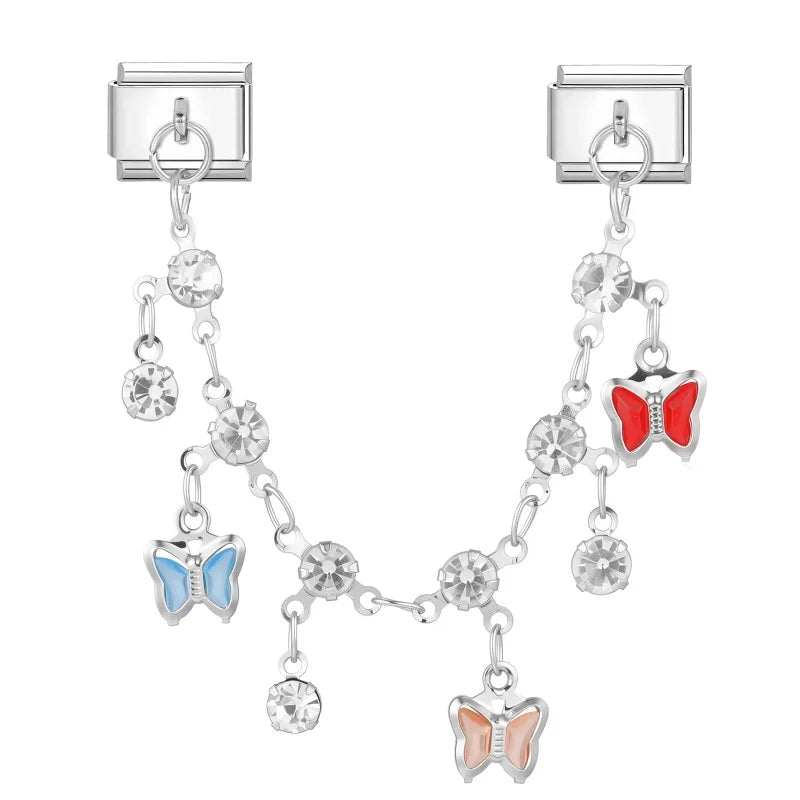New Glitter Oval Butterfly Star Multielement Chain Tassel Pendant Italian Charm Link Fit 9MM Stainless Steel Bracelet DIY Making Qme Style 17
