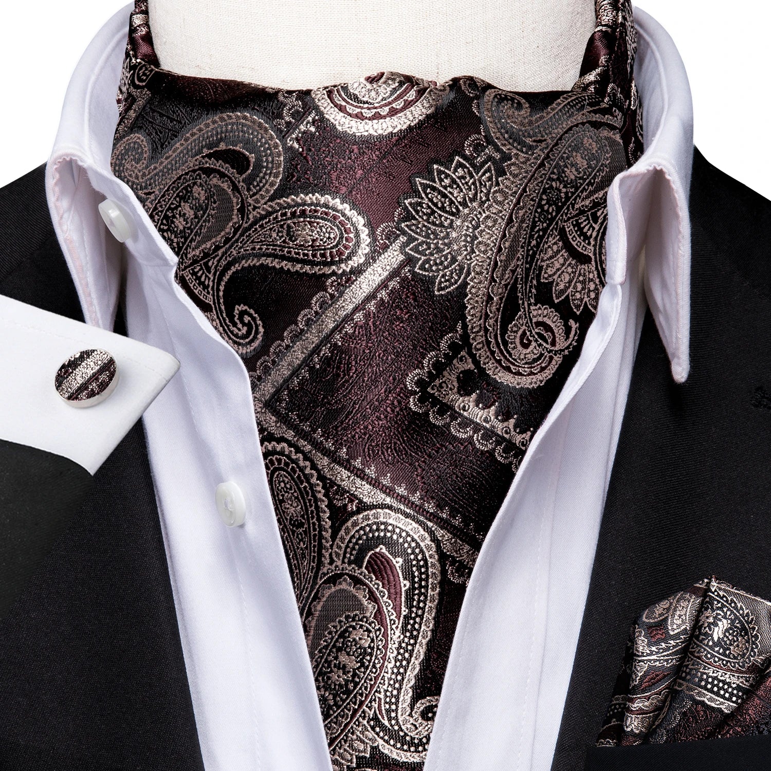 Hi-Tie Silk Mens Ascot Pocket Square Cufflinks Set Jacquard Paisley Floral Vintage Cravat Tie for Male Red Blue Green Gold Pink Qme AS-1053