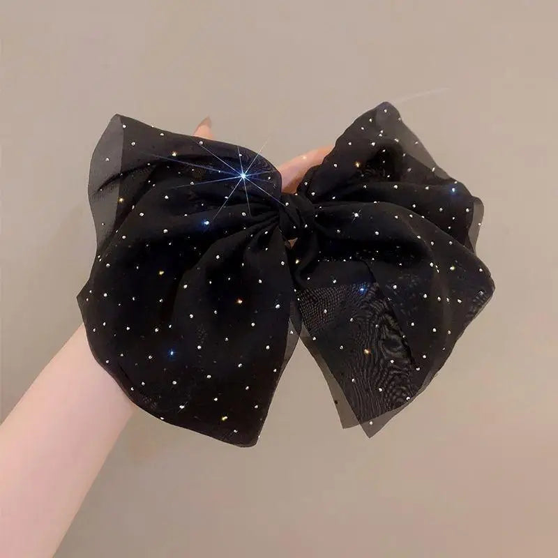 Elegant Temperament Mesh Hair Clip Woman Rhinestone Large Bow Hairpin Qme Black