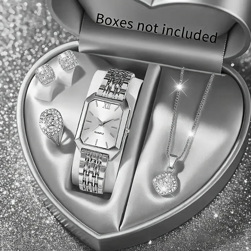 5PCS/Set Elegant Rectangle Women Watches Fashion Roma Dial Ladies Quartz Wristwatch Rhinestone Jewelry Set（Without Box） Qme